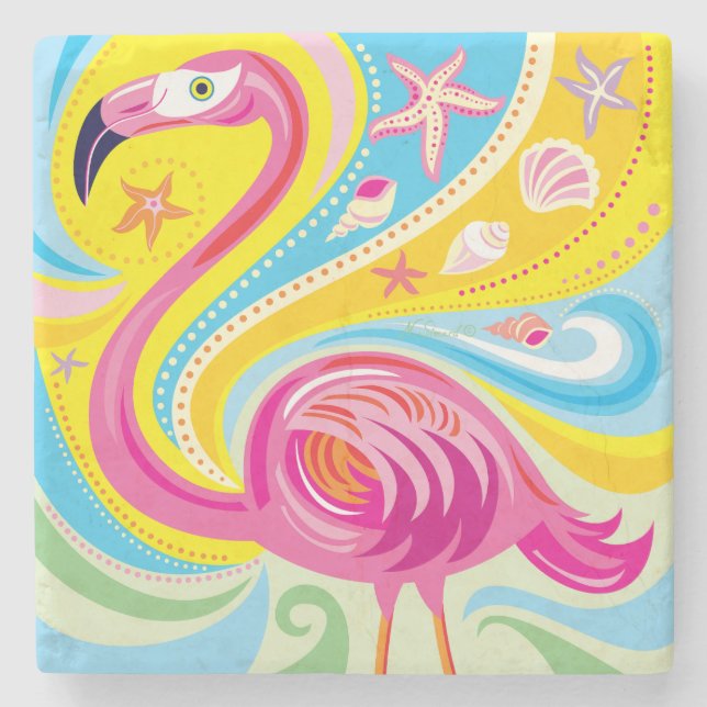 Pink Flamingo with Starfish Stone Coaster (Front)