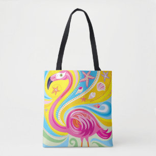Pink Flamingo with Starfish Tote Bag