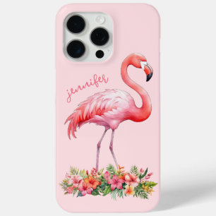 Pink Flamingo with Tropical Flowers iPhone 15 Pro Max Case