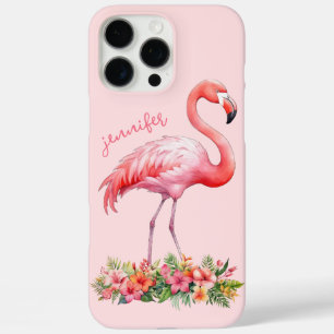 Pink Flamingo with Tropical Flowers iPhone 16 Pro Max Case