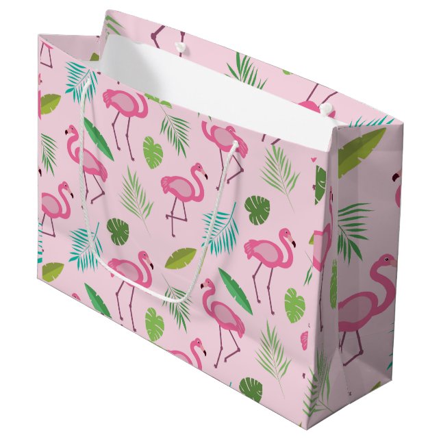 Pink Flamingo with Tropical Leaves Pattern  Large Gift Bag (Front Angled)