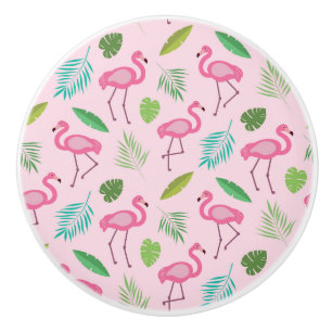 Pink Flamingo with Tropical Leaves Personalised  Ceramic Knob