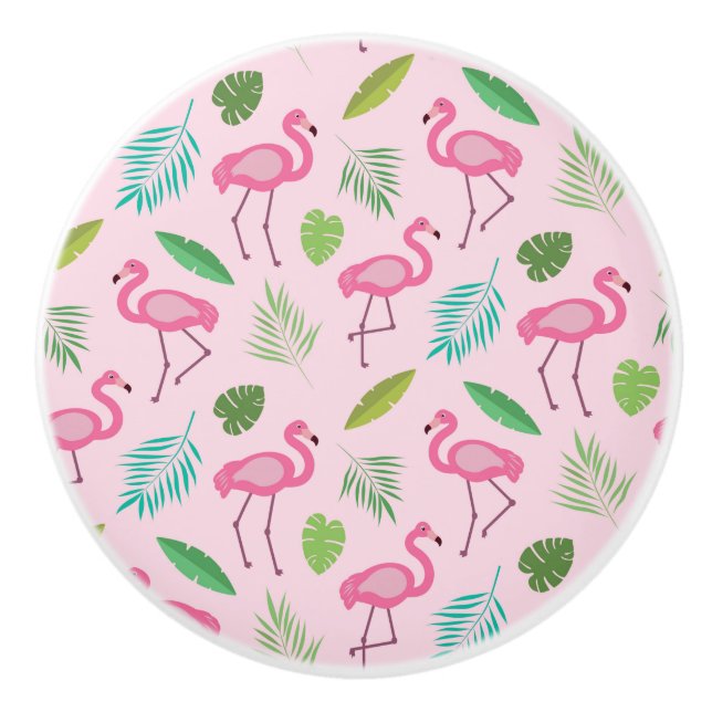 Pink Flamingo with Tropical Leaves Personalised  Ceramic Knob (Front)