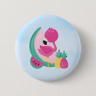Pink Flamingo with Watermelon & Pineapples 6 Cm Round Badge
