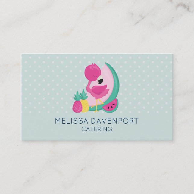 Pink Flamingo with Watermelon & Pineapples Business Card (Front)