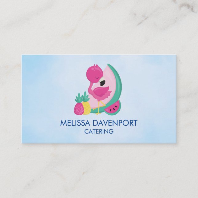 Pink Flamingo with Watermelon & Pineapples Business Card (Front)