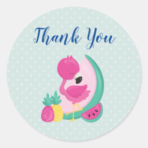 Pink Flamingo with Watermelon & Pineapples Classic Round Sticker