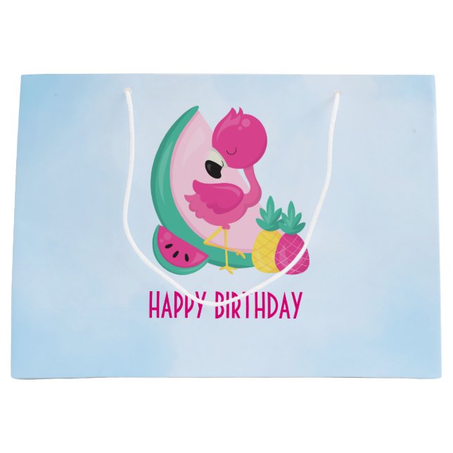 Pink Flamingo with Watermelon & Pineapples Large Gift Bag (Front)