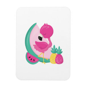 Pink Flamingo with Watermelon & Pineapples Magnet