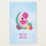 Pink Flamingo with Watermelon & Pineapples Planner<br><div class="desc">A monthly planner personalised with your name and job title,  or other text. Designed with a cute illustration of a pink flamingo with some watermelons and pineapples. Pink and green colour scheme. The background is a light blue watercolor image. Summery and tropical.</div>