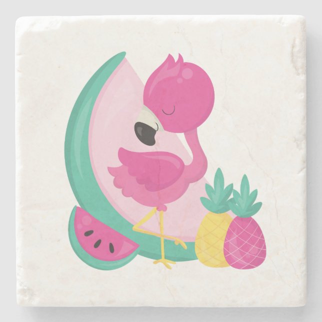 Pink Flamingo with Watermelon & Pineapples Stone Coaster (Front)