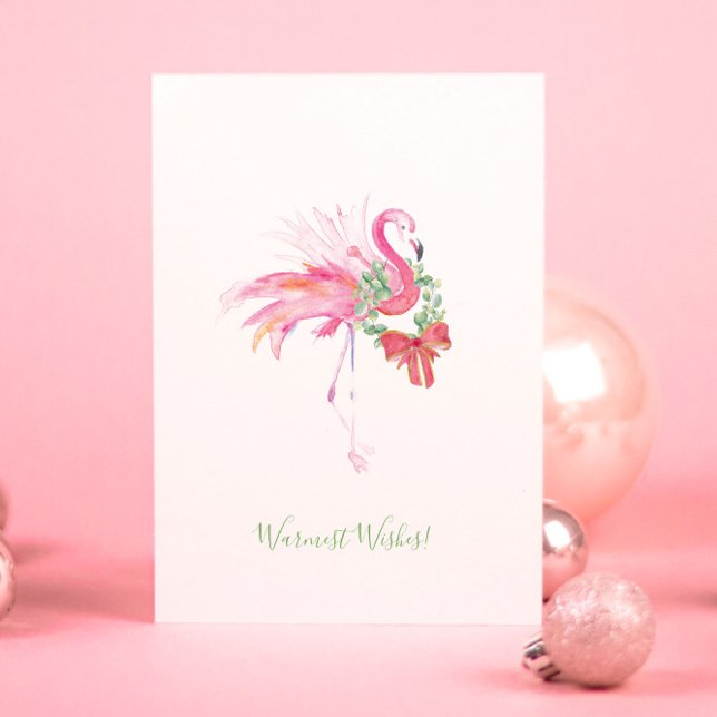 Pink Flamingo with Wreath beach Christmas Card (Christmas cards Florida beach watercolor pink flamingo by artist Victoria Grigaliunas)