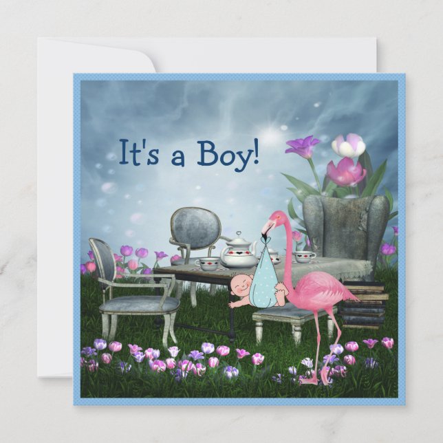 Pink Flamingo Wonderland Tea Party Boy Baby Shower Invitation (Front)