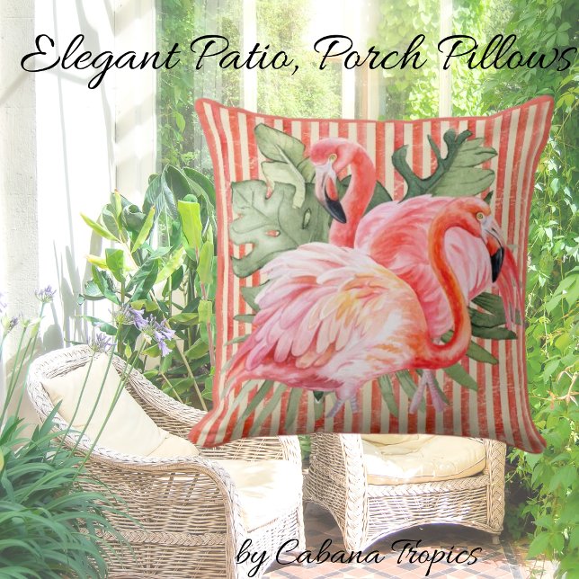 Pink Flamingoes Tropical Leaves Coral Stripes Cushion (Creator Uploaded)