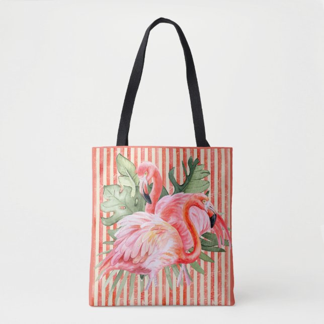 Pink Flamingoes Tropical Leaves Coral Stripes Tote Bag (Front)