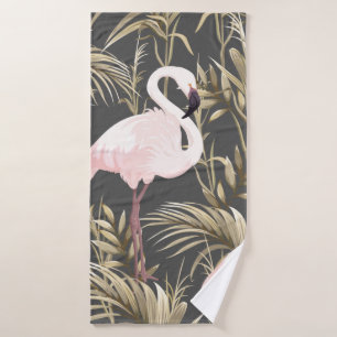 Pink flamingos and golden plants seamless pattern bath towel