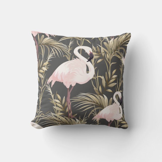 Pink flamingos and golden plants seamless pattern cushion (Front)