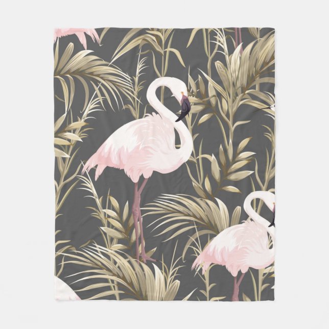 Pink flamingos and golden plants seamless pattern fleece blanket (Front)