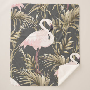 Pink flamingos and golden plants seamless pattern sherpa blanket