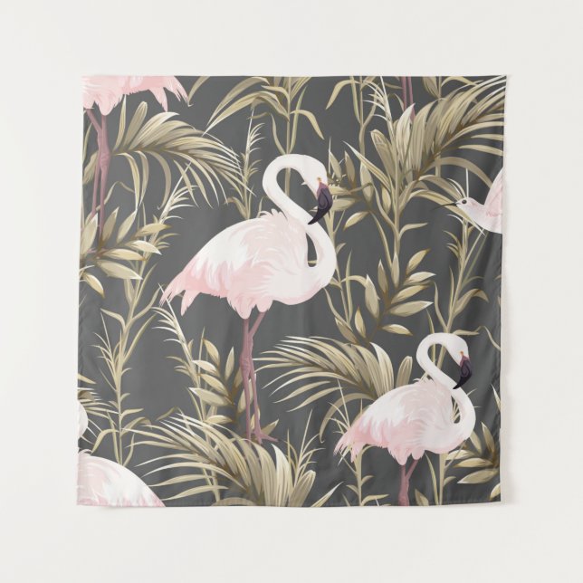 Pink flamingos and golden plants seamless pattern tapestry (Front)