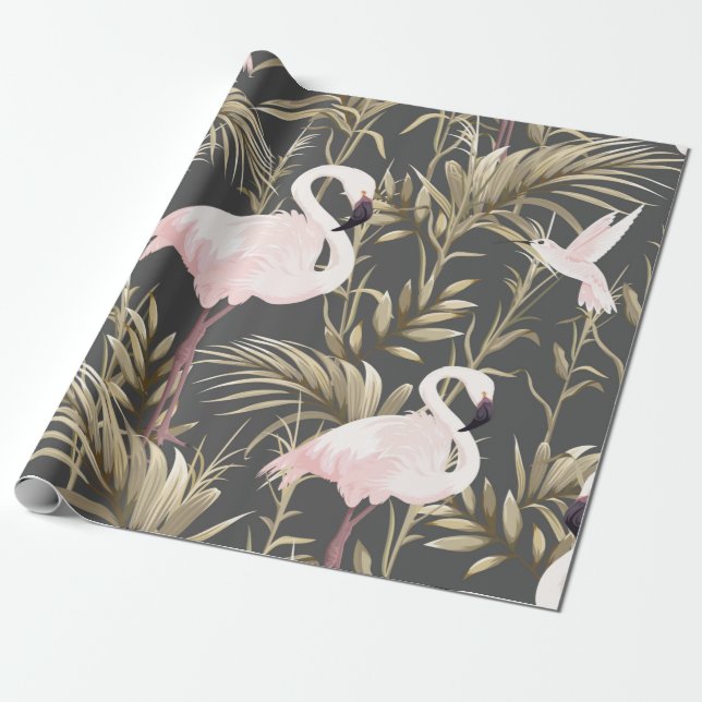 Pink flamingos and golden plants seamless pattern wrapping paper (Unrolled)