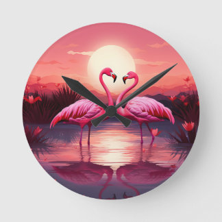 Pink Flamingos at Sunset Round Clock