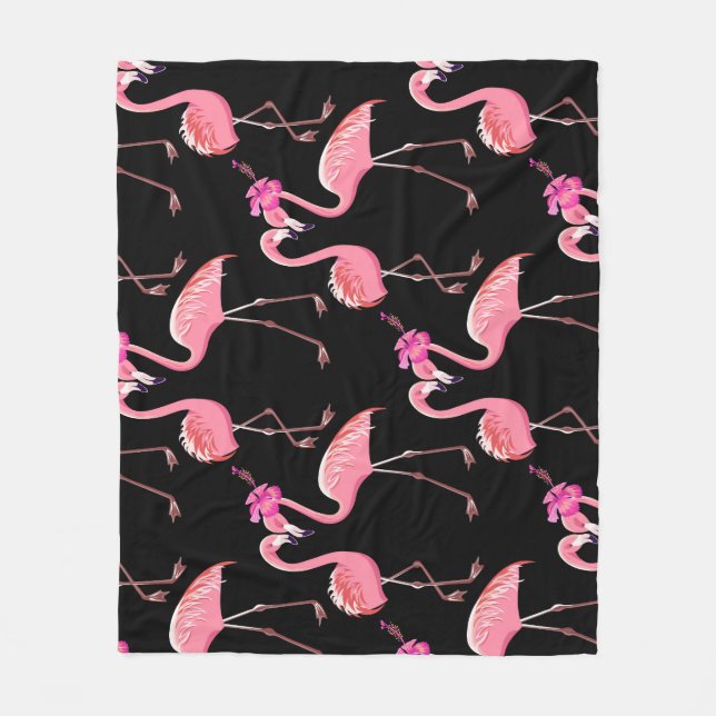 Pink Flamingos: Black Background Vintage Fleece Blanket (Front)