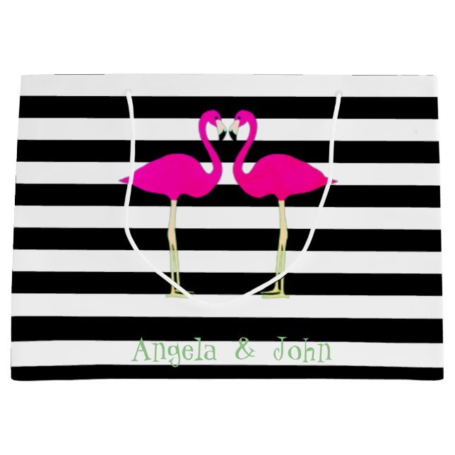 Pink Flamingos ,Black White Stripes,Personalised Large Gift Bag (Front)