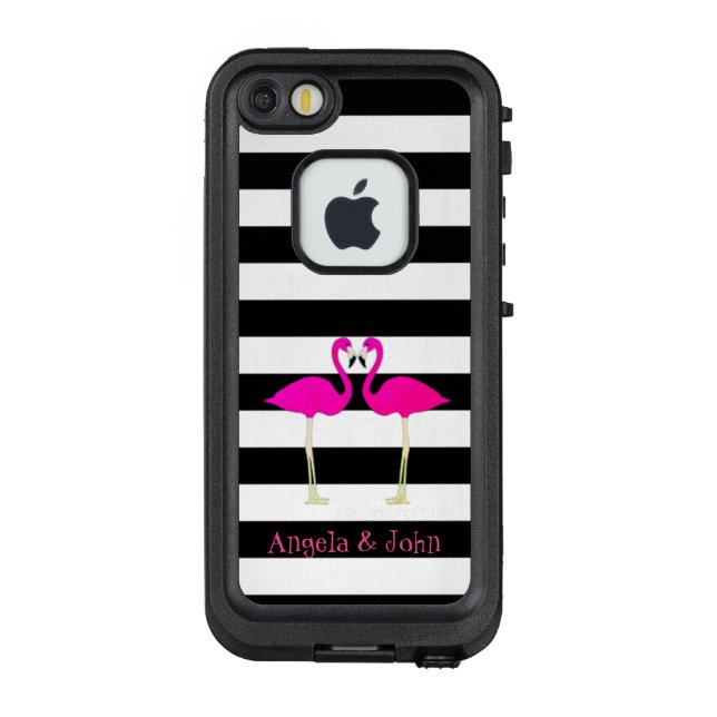 Pink Flamingos, Black, White Stripes Personalised LifeProof iPhone Case (Back)