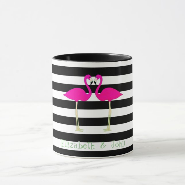 Pink Flamingos ,Black White Stripes,Personalised Mug (Center)