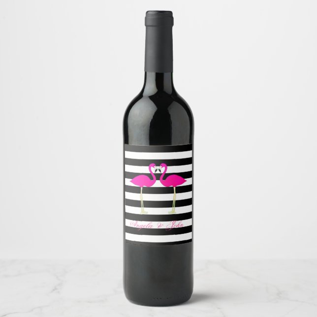 Pink Flamingos, Black, White Stripes Personalised Wine Label (Front)