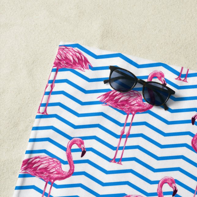 Pink Flamingos Blue Abstract Chevrons Monogrammed  Beach Towel (In Situ)