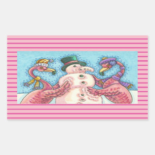 PINK FLAMINGOS BUILDING SNOWMAN CHRISTMAS STICKERS