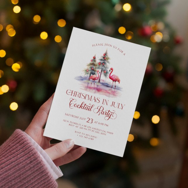Pink flamingos Christmas In July Cocktail Party Invitation (Creator Uploaded)