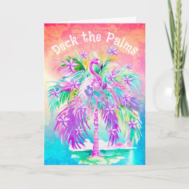 Pink Flamingos Christmas Palm Tree Personalised  Card (Front)