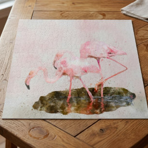 Pink Flamingos Companionship in Watercolor Art Jigsaw Puzzle