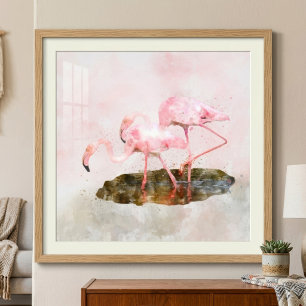 Pink Flamingos Companionship in Watercolor Art Photo Print