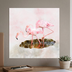Pink Flamingos Companionship in Watercolor Art Poster