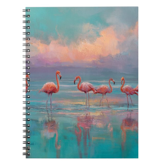 Pink Flamingos Dreamy Sunset Shore Art Notebook (Front)