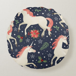 Pink flamingos, exotic birds, pineapples, tropical round cushion