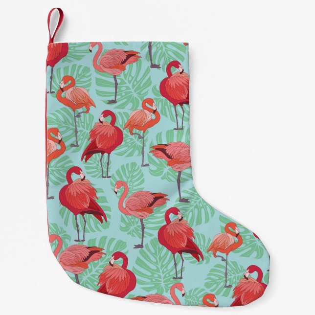 Pink Flamingos: Exotic Seamless Pattern. Small Christmas Stocking (Front)
