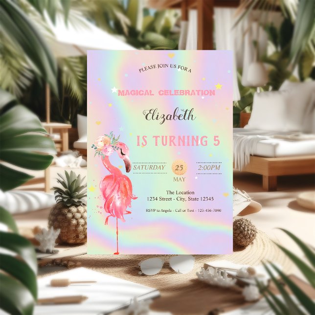 Pink Flamingos Flower, Holographic Birthday Invitation (Creator Uploaded)