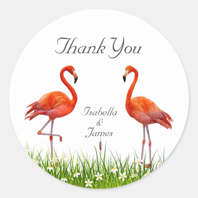 Pink Flamingos & Flowers Thank You Classic Round Sticker (Front)