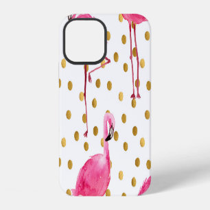 Pink flamingos, golden dots, watercolor. iPhone 12 case