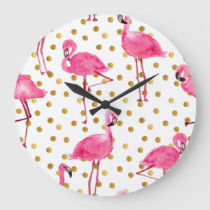 Pink flamingos, golden dots, watercolor. large clock