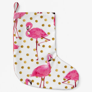 Pink flamingos, golden dots, watercolor. small christmas stocking
