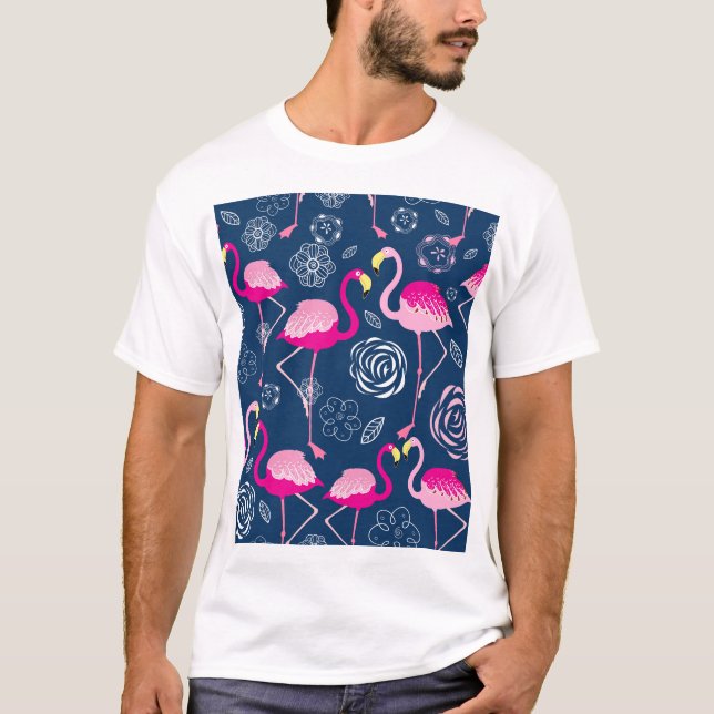 Pink Flamingos: Graphic Dark Pattern T-Shirt (Front)
