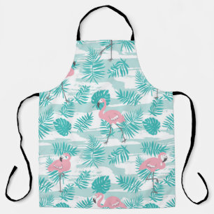 Pink flamingos, green palm leaves, tropical. apron