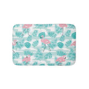 Pink flamingos, green palm leaves, tropical. bath mat