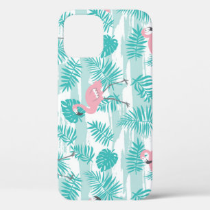 Pink flamingos, green palm leaves, tropical. iPhone 12 case